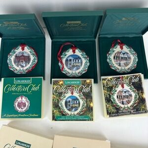 Lot (7) Longaberger Christmas ornaments/tie-on Collector’s Club/Snowfrie…